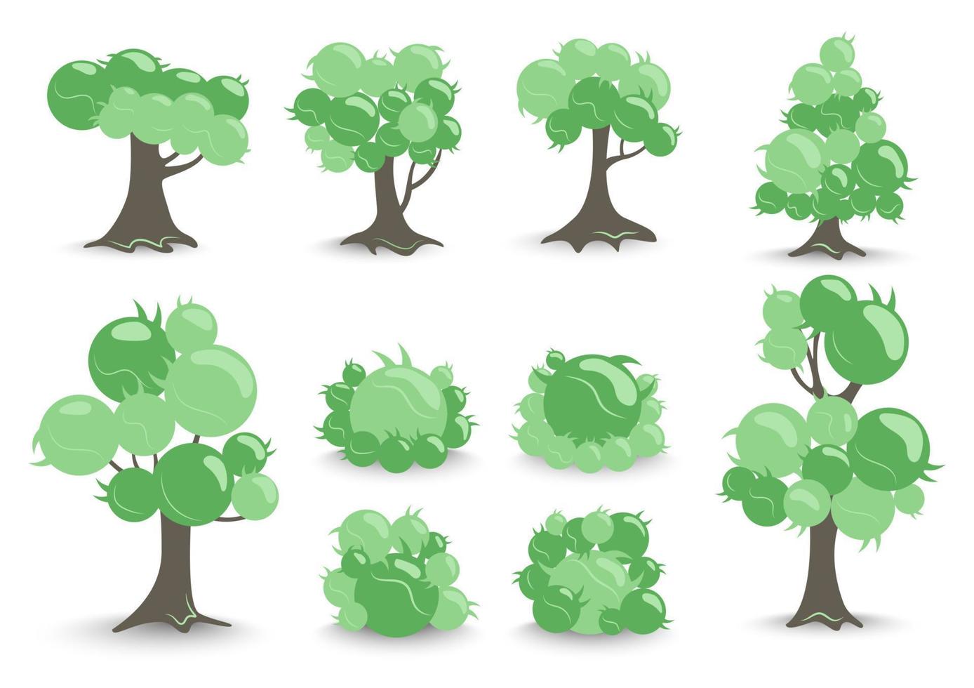 Flacher Symbolsatz aus grünen Bäumen und Sträuchern in Form einer Luftblasenvektorillustration. vektor