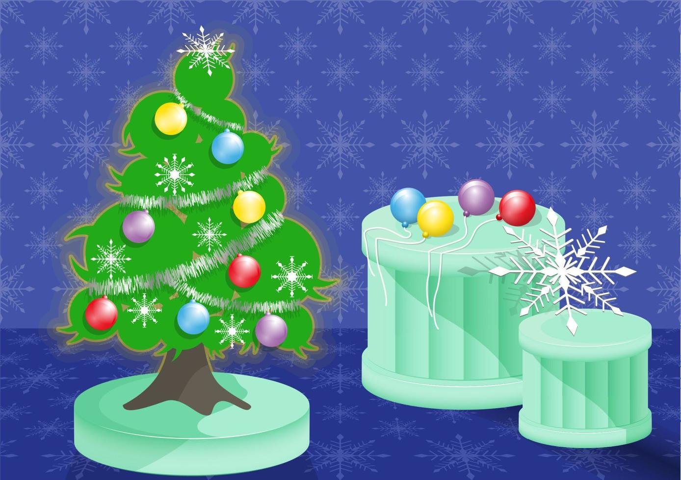 weihnachtsbaum auf dem podium geschmückt mit weihnachtskugeln, schneeflocken, weihnachtskiefernschnüren. auf einem blauen Hintergrund mit einem Schneeflockenmuster, Vektorillustration. vektor