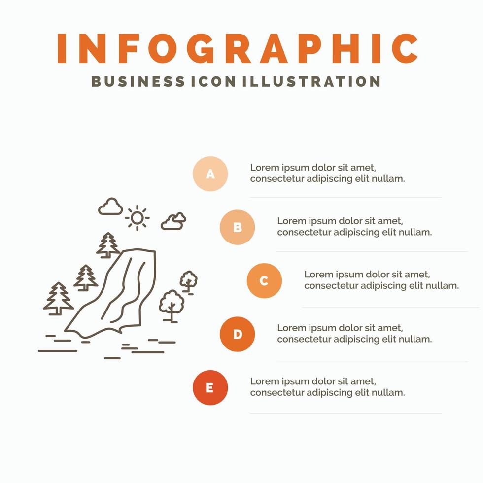 vattenfall. träd. smärta. moln. natur infographics mall för hemsida och presentation. linje grå ikon med orange infographic stil vektor illustration