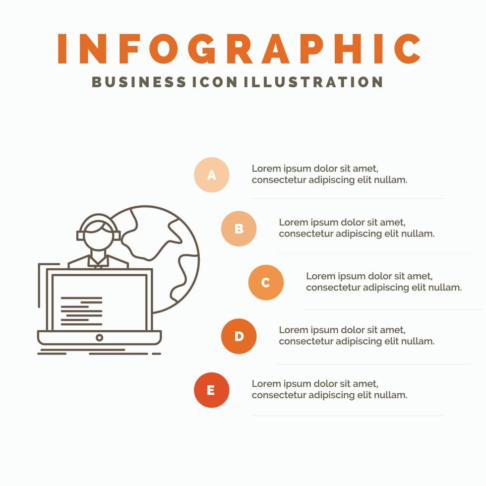 outsourca. outsourcing. tilldelning. mänsklig. uppkopplad infographics mall för hemsida och presentation. linje grå ikon med orange infographic stil vektor illustration