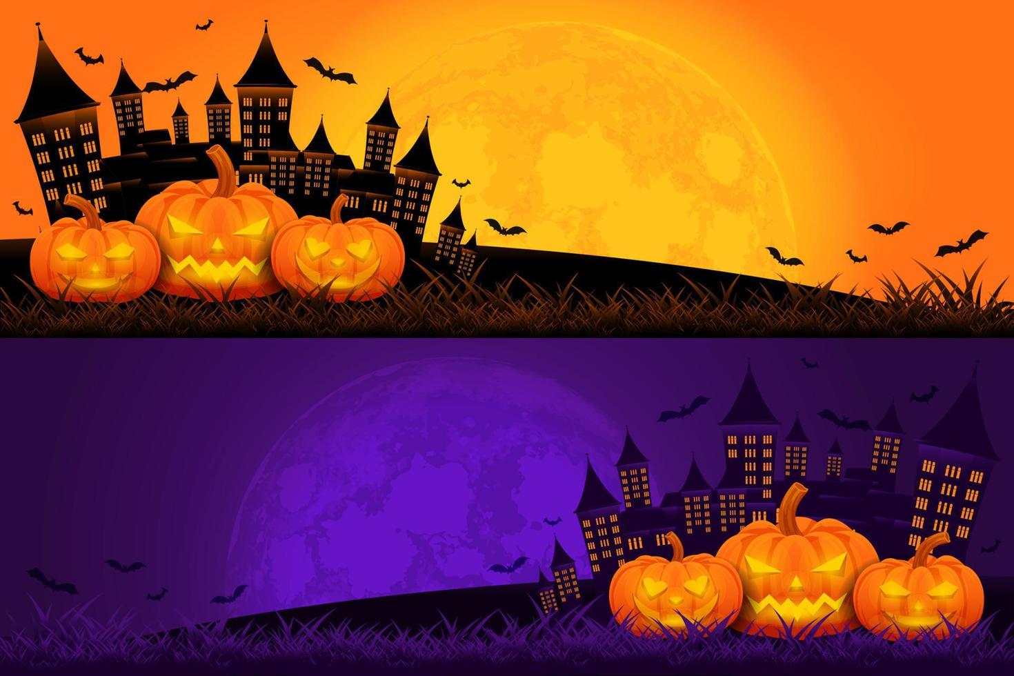 Halloween-Hintergrundvorlage mit Schloss, Kürbis und Mondvektor, Halloween-Hintergrund für Verkaufsförderung, Banner, Poster, soziale Medien, Feed, Einladung, Veranstaltung, Tapete in lila und orange Farbe vektor