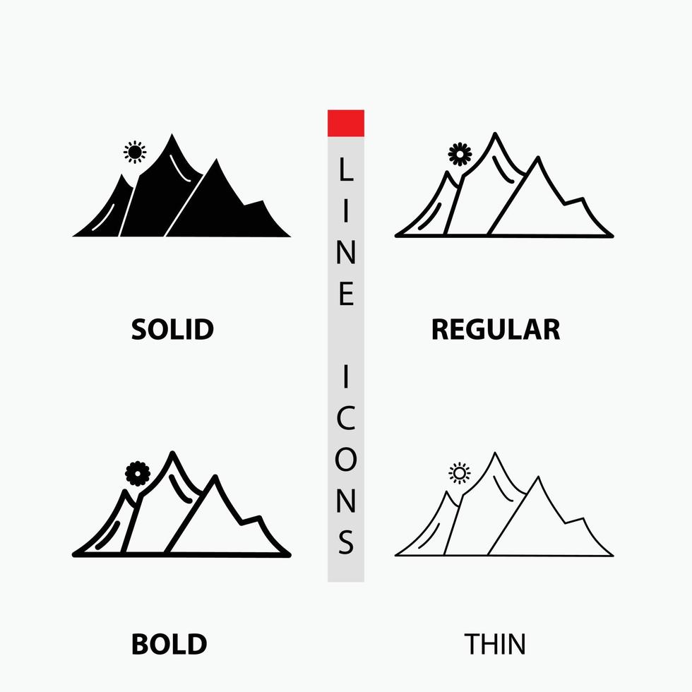 hügel. Landschaft. Natur. Berg. Sonnensymbol in dünn. regulär. fette Linie und Glyphenstil. Vektor-Illustration vektor