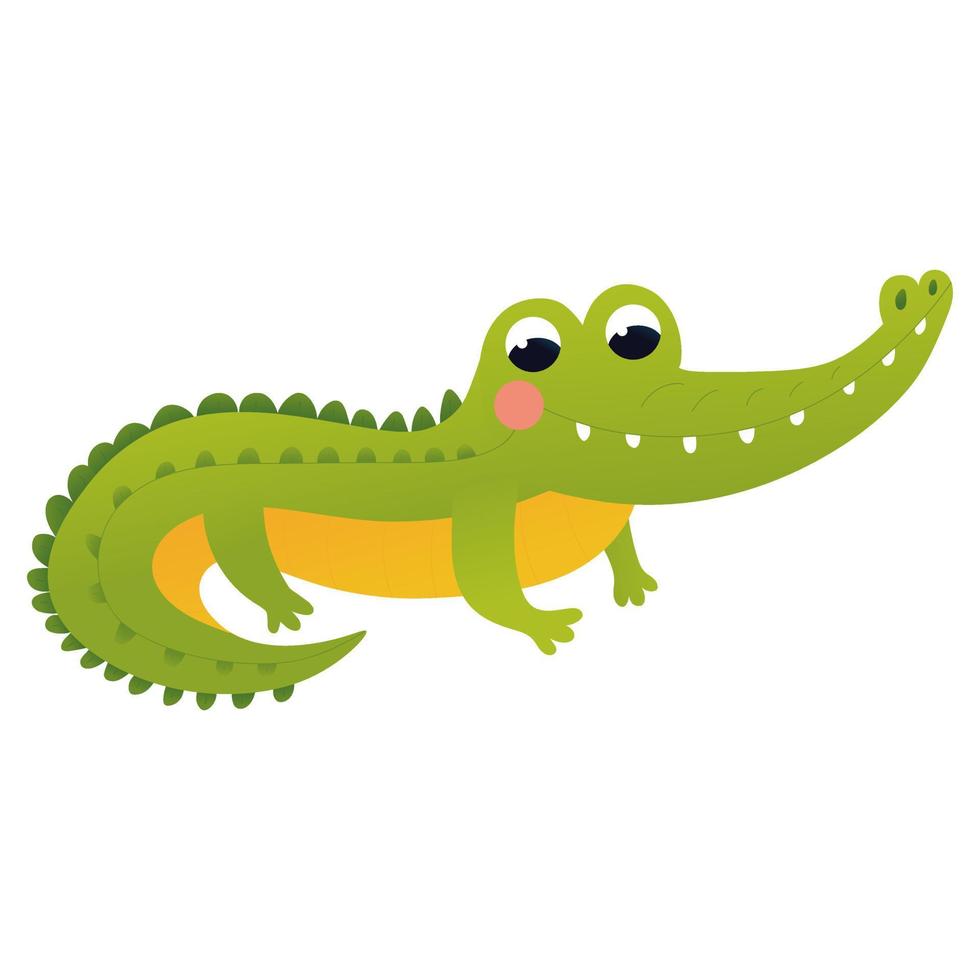 tecknad serie krokodil karaktär i barnslig stil, Zoo djur- isolerat på vit bakgrund, design element för affisch eller mönster, afrikansk tropisk fauna, alligator vektor