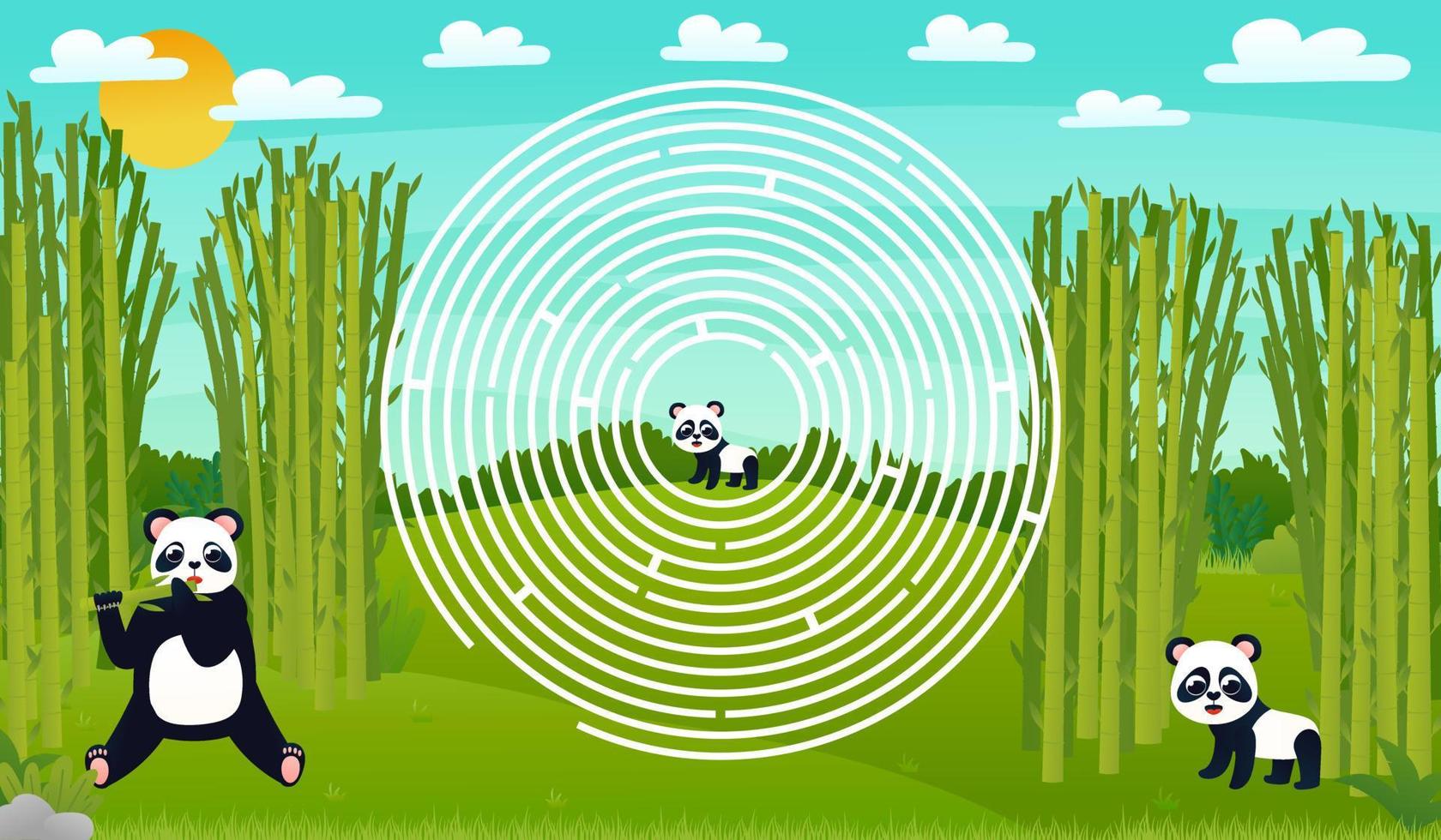 Bambuswald-Kreislabyrinth für Kinder mit niedlichen Panda-Charakteren, Hilfe, den richtigen Weg zu finden, druckbares Arbeitsblatt im Cartoon-Stil für die Schule, Thema Tierwelt vektor