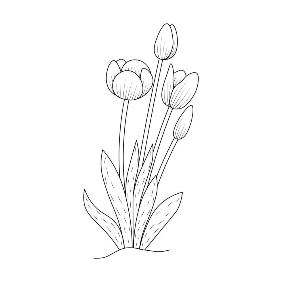 Tulpenblumen-Malseitendesign für Buchdruckschablone durchgehender schwarzer Strich vektor