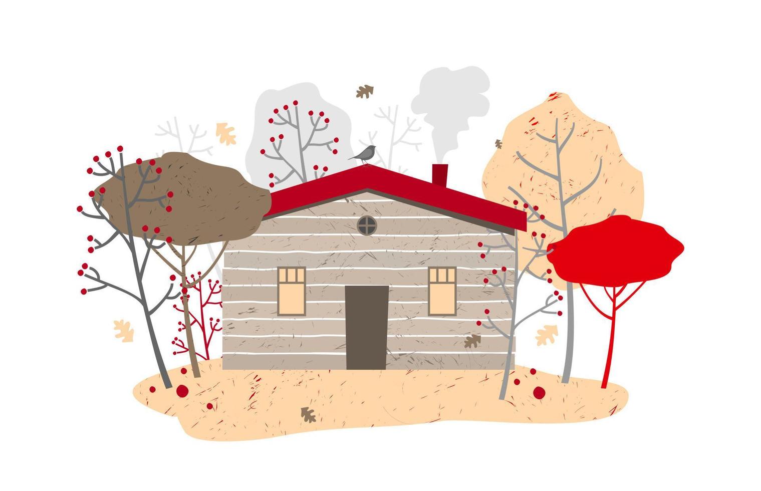Holzhaus mit Heizung zwischen Herbstbäumen, Laubfall. vektor