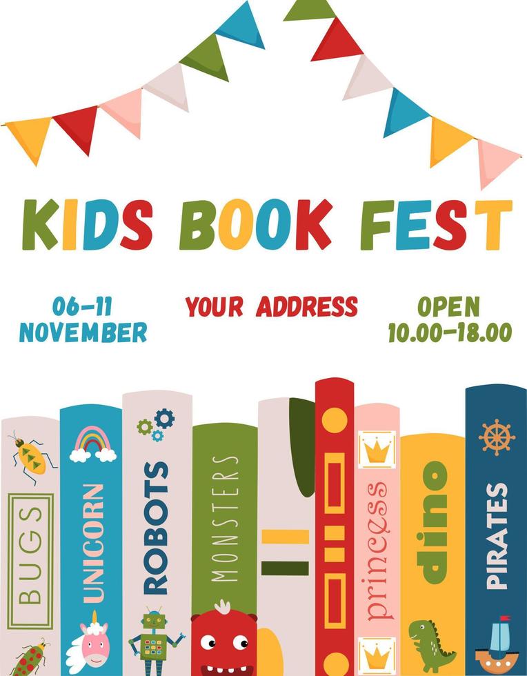 Kinderbuchfestplakat für Werbung. vertikales plakat für kinderbuchfestival mit verschiedenen büchern für kinder. werbevorlage für buchhandlung, buchhandlung, bibliothek. vektor