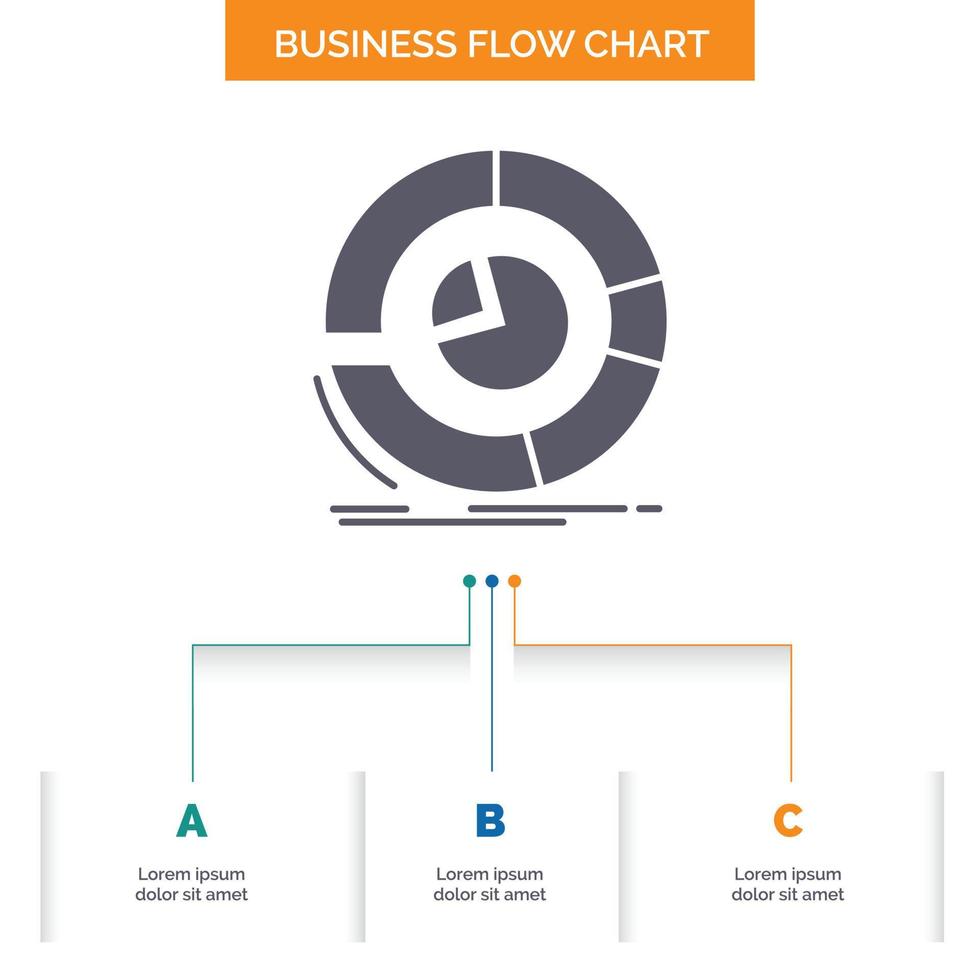 Analyse. Analytik. Geschäft. Diagramm. Kreisdiagramm-Business-Flussdiagramm-Design mit 3 Schritten. Glyphensymbol für Präsentationshintergrundvorlage Platz für Text. vektor