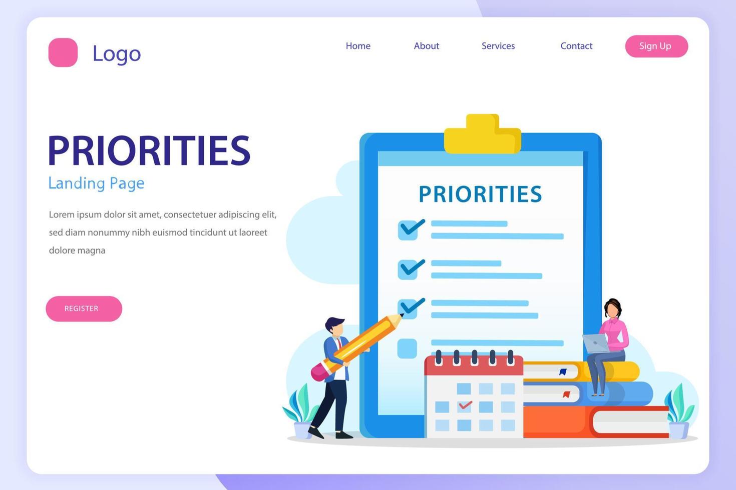 prioriteringar landning sida hemsida platt vektor mall