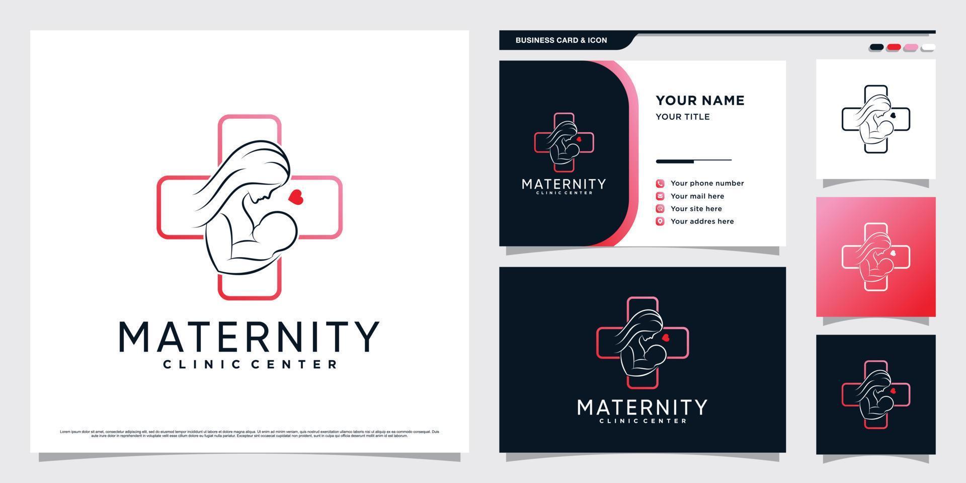 Entbindungsklinik-Logo-Design mit Mutter, die Babykonzept und Visitenkartenvorlage hält vektor