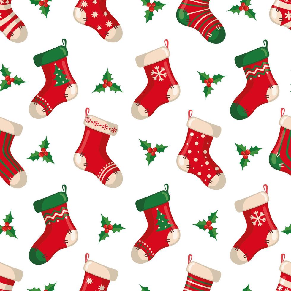 süßes nahtloses Muster mit roten Socken im flachen Stil isoliert auf weißem Hintergrund für Weihnachten und Neujahr. Vektor-Illustration. Gestaltungselement für Textil, Stoff, Tapete oder etc. vektor