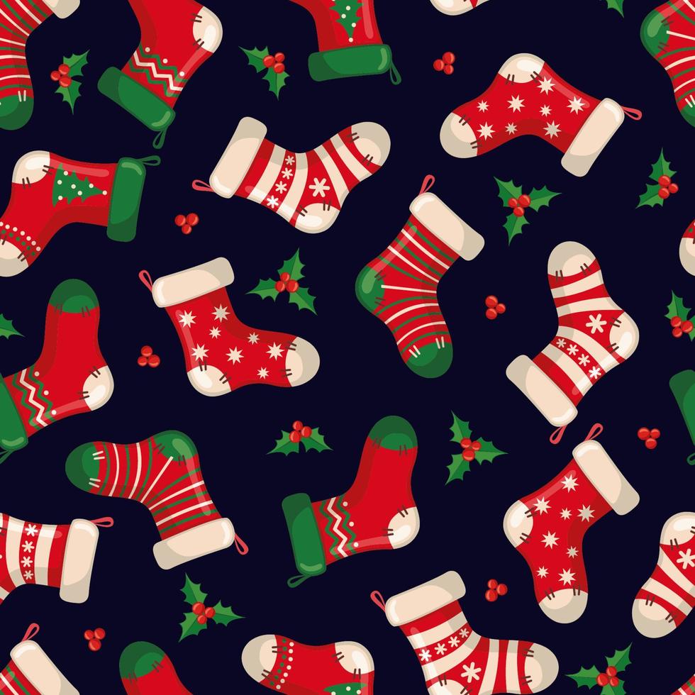 söt sömlös mönster med röd santas strumpor i platt stil för jul och ny år Semester. vektor illustration. design element för textil, tyg, tapet eller etc.