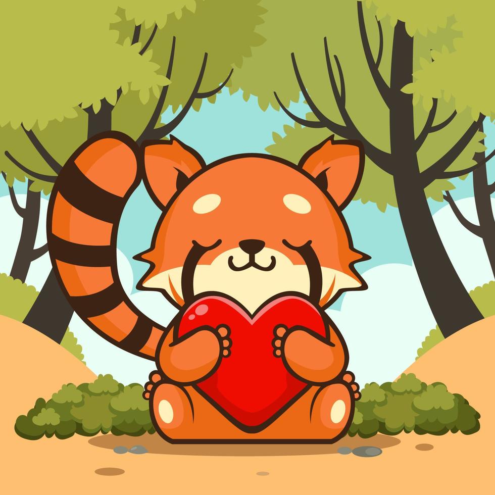 söt röd panda innehav hjärta form vektor