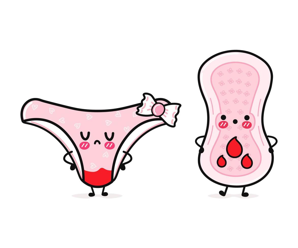 süßer, lustiger fröhlicher pinker Slip und Menstruationsbinde mit Blut. Vektor handgezeichnete kawaii Zeichentrickfiguren, Illustrationssymbol. lustige fröhliche cartoon rosa höschen und menstruationspad maskottchen freunde