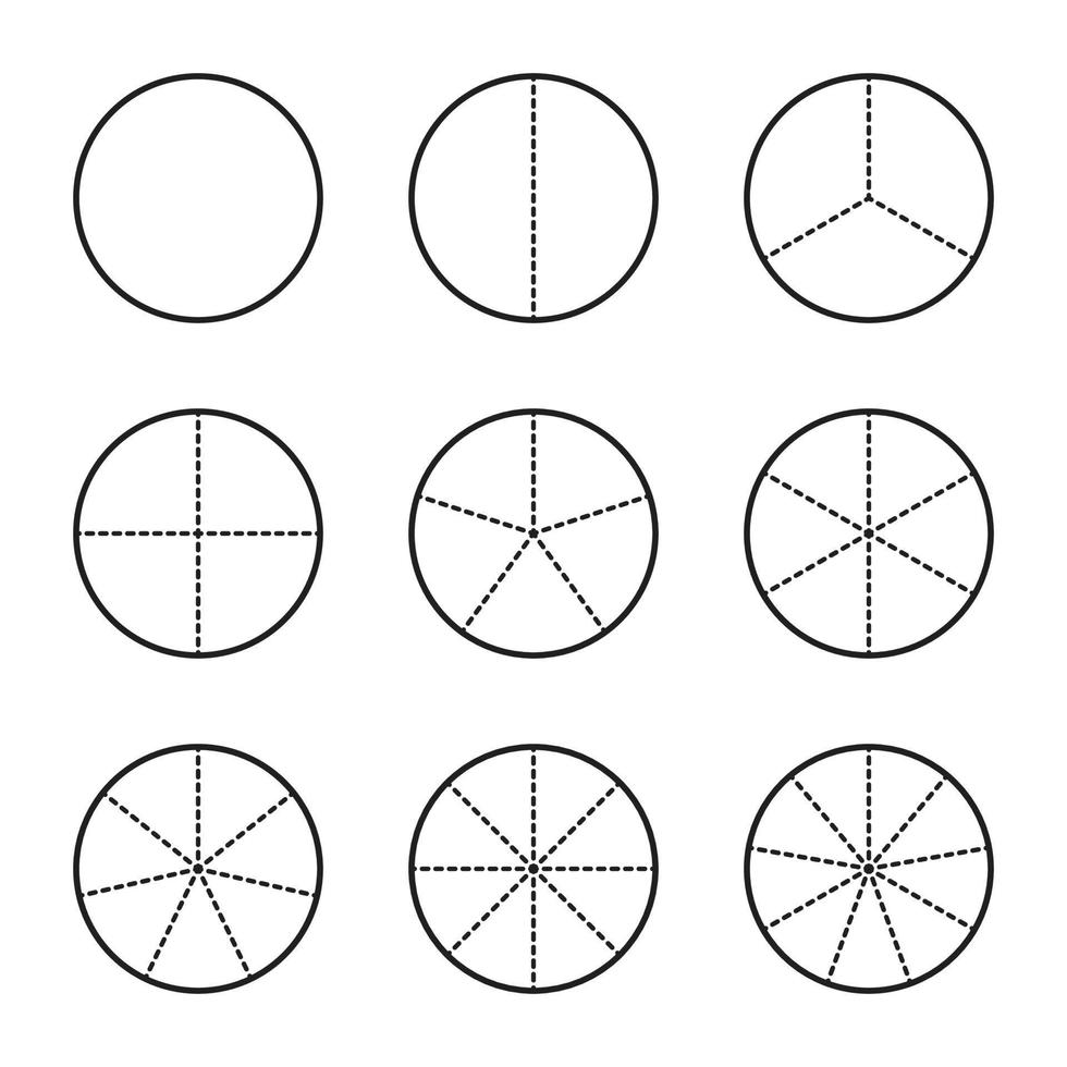 fraktionerad cirkel linje Diagram ikon. förhållande och några linjär vektor ikoner. de runda form av en paj eller pizza är skära i likvärdig prickad linje skivor. linjär illustration av en enkel företag Diagram.