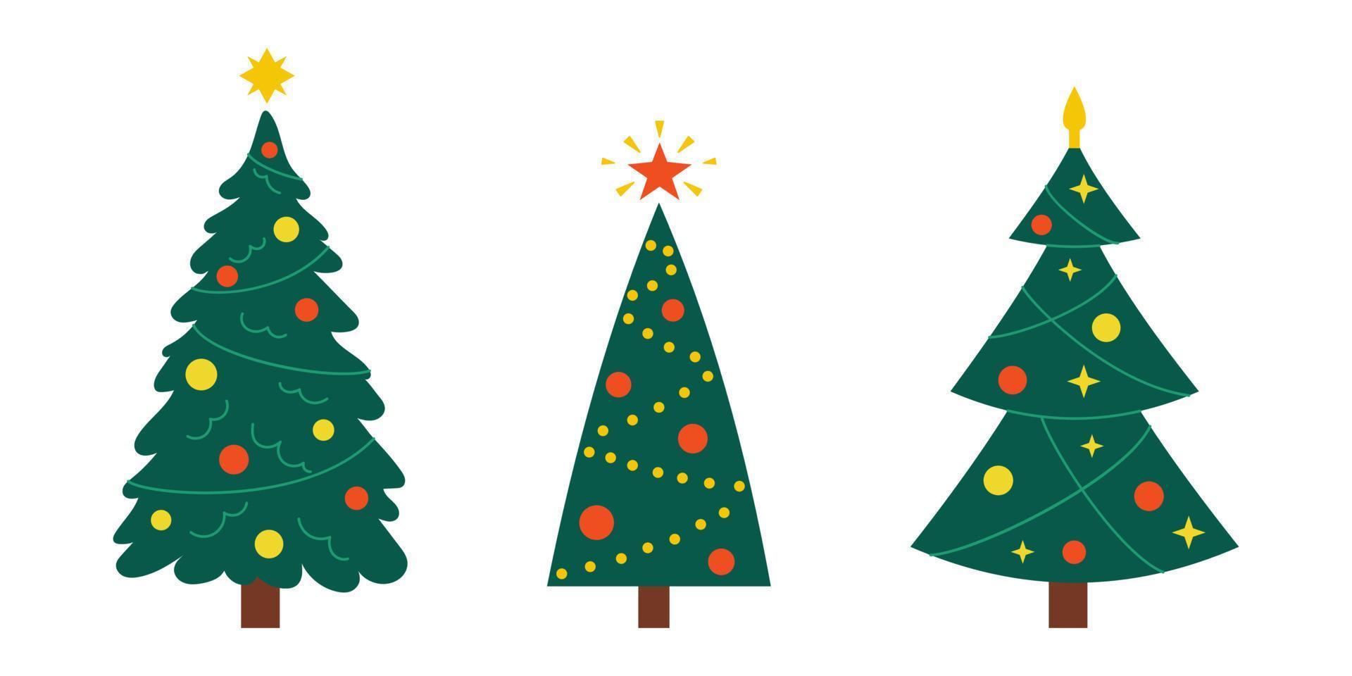 vektor ny år uppsättning med jul träd. söt vintergröna träd med bollar, stjärnor och girlanger. gran träd för jul.