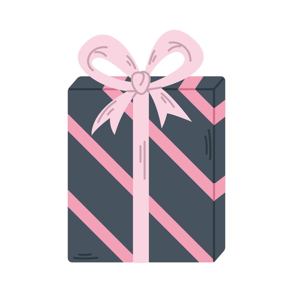 vektor randig gåva låda. närvarande med rosa band och rosett. svart och rosa gåva för jul, födelsedag eller Övrig firande.