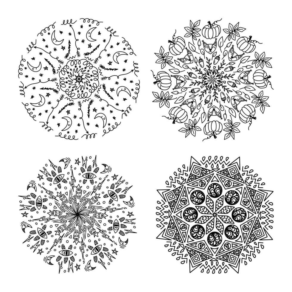 uppsättning av hand dragen zen härva mandalas. svart och vit isolerat vektor klotter. använda sig av för din design, textilier, affischer, tatueringar, reklam, dekoration, mallar, yoga affischer. färg sida element