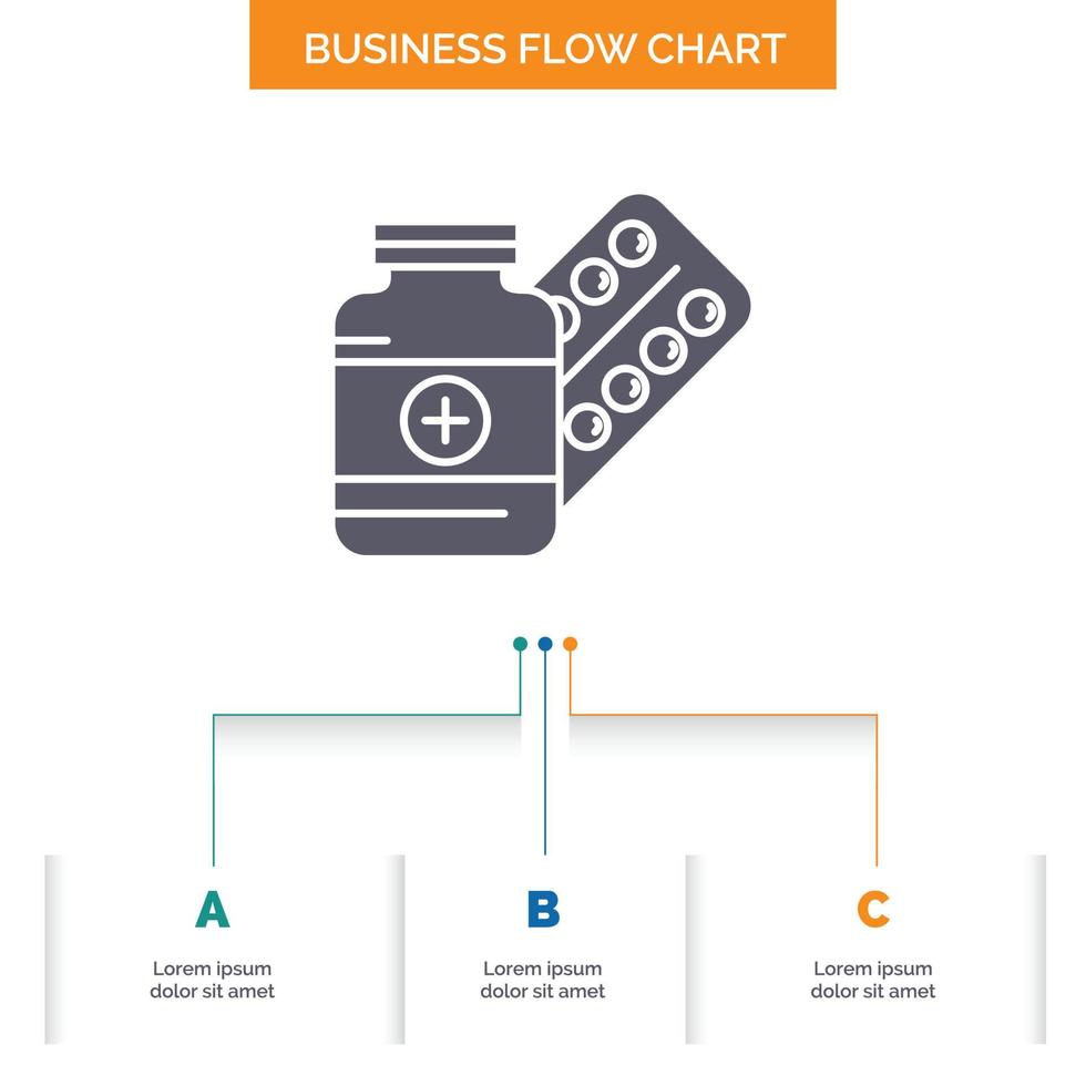 Medizin. Pille. Kapsel. Drogen. Tablet-Business-Flow-Chart-Design mit 3 Schritten. Glyphensymbol für Präsentationshintergrundvorlage Platz für Text. vektor