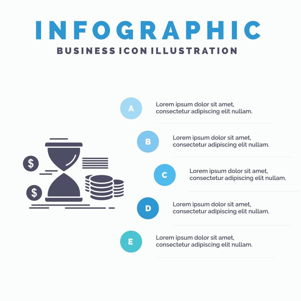 timglas. förvaltning. pengar. tid. mynt infographics mall för hemsida och presentation. glyf grå ikon med blå infographic stil vektor illustration.