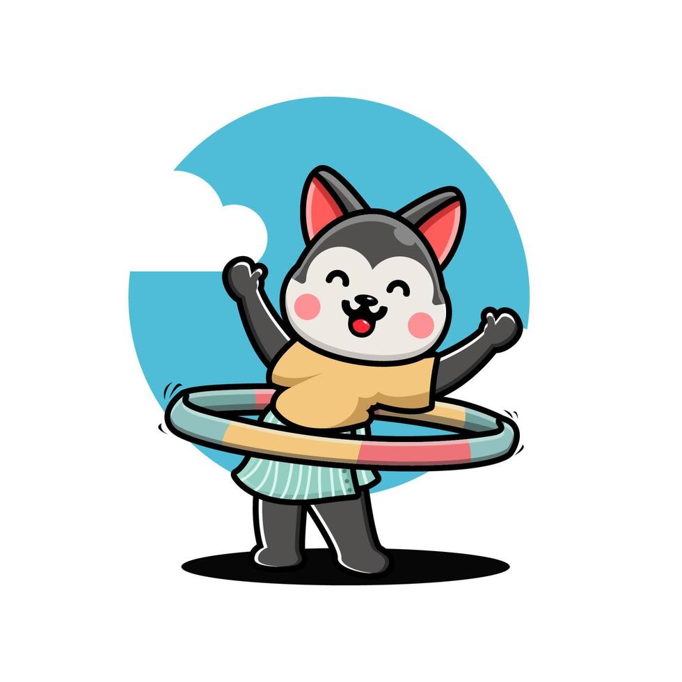 niedlicher husky, der hula hoop cartoon-vektorillustration spielt vektor