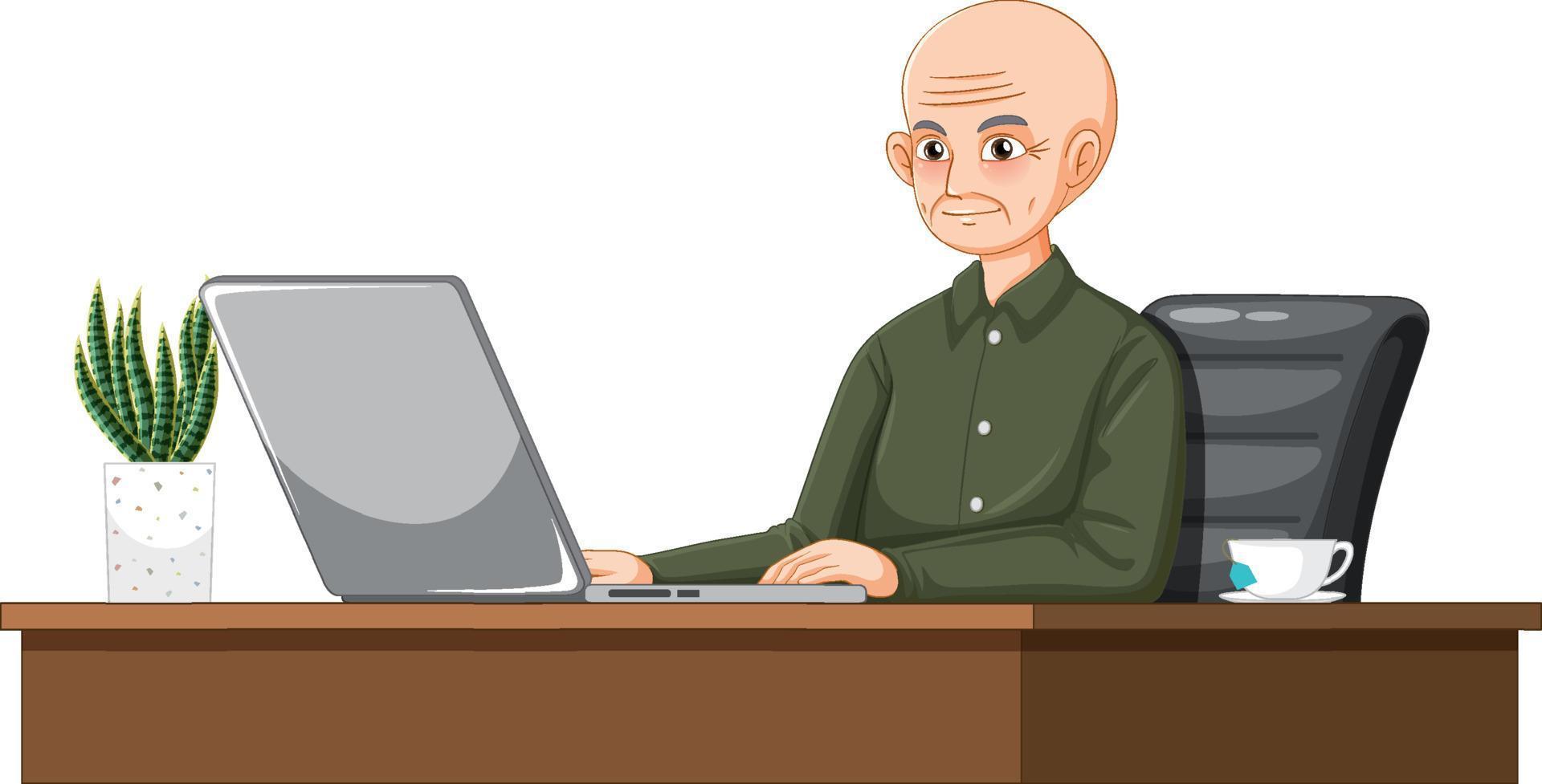 alter Mann mit Laptop auf dem Schreibtisch vektor