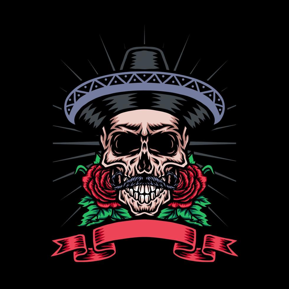 skalle i mexikansk hatt med reste sig blomma, vektor illustration