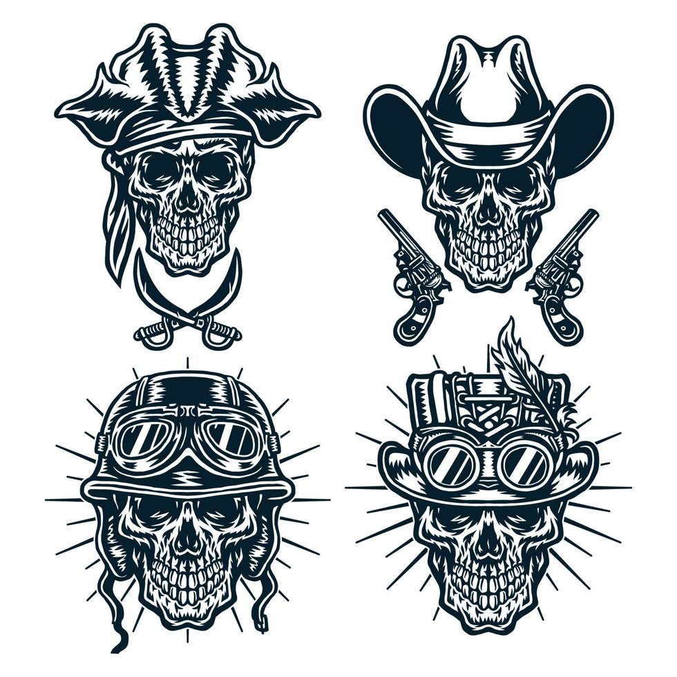 Reihe von Totenköpfen mit Hüten, Cowboys, Steampunk, Helmen und Piraten, isoliert auf weißem Hintergrund. vektor