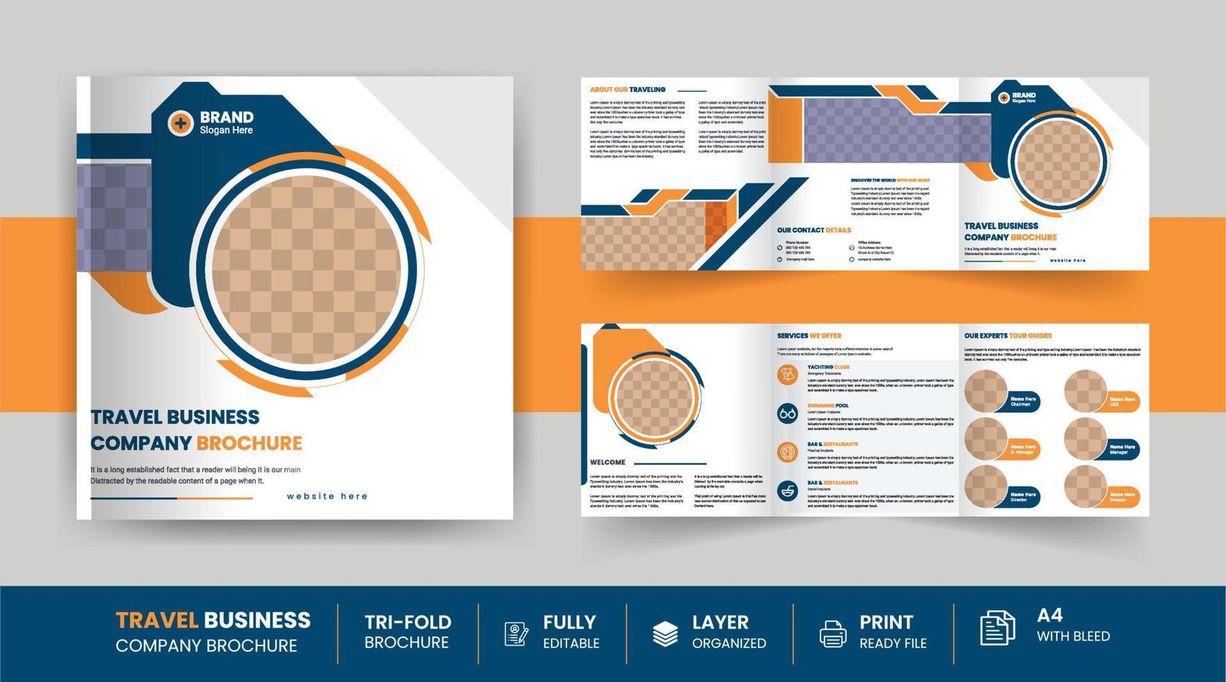 mehrseitiges quadratisches Reisebüro Corporate Business 6-seitiges Trifold-Broschürendesign-Vorlagenlayout vektor