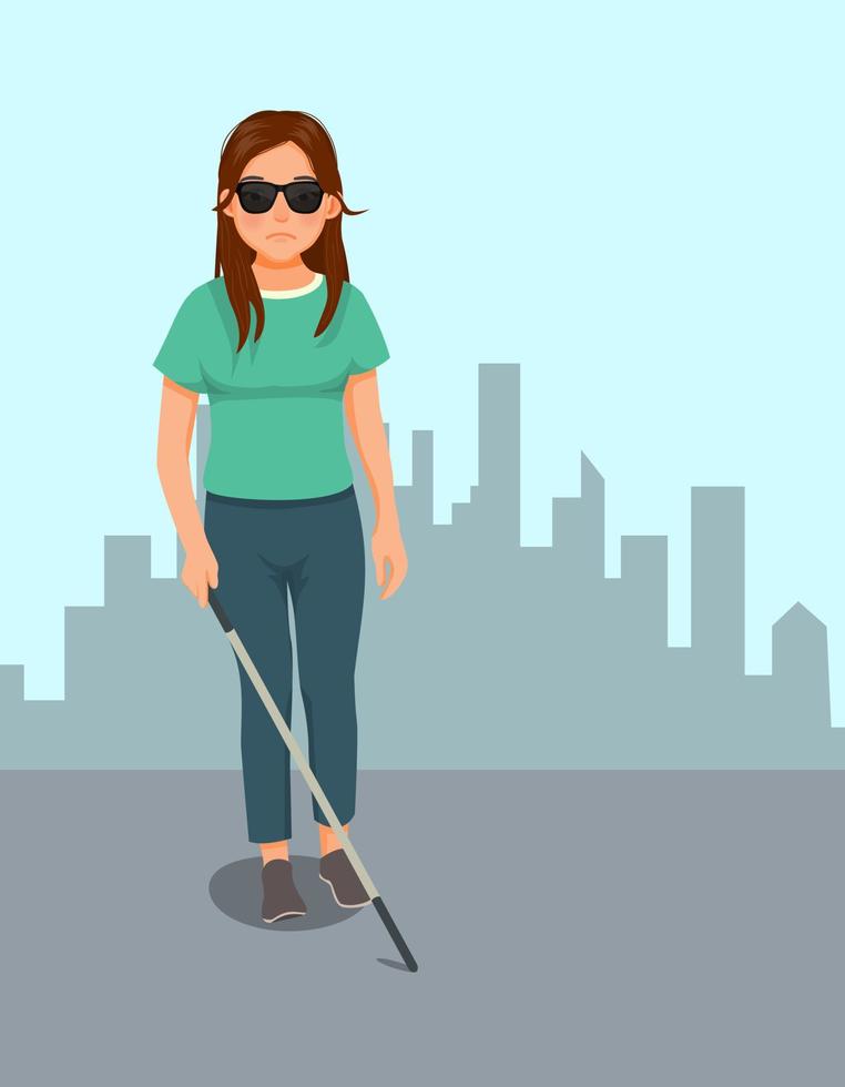 Junge blinde Frau mit dunkler Brille, die mit einem Stockstock auf der Straße geht vektor