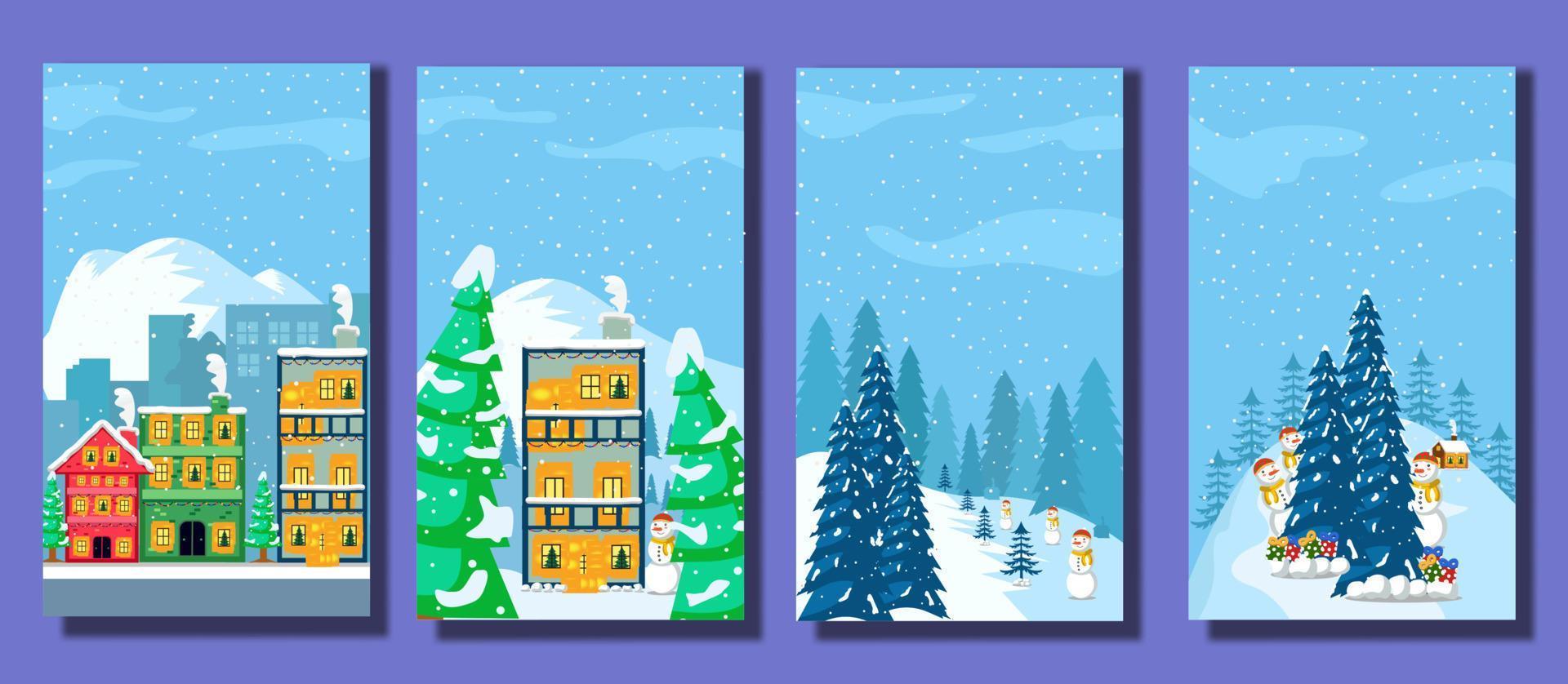 Winter in der Stadt, flaches Design Winter, Weihnachtsvektordesign mit Haus, Schnee, Berg, Gebäude und Baum vektor