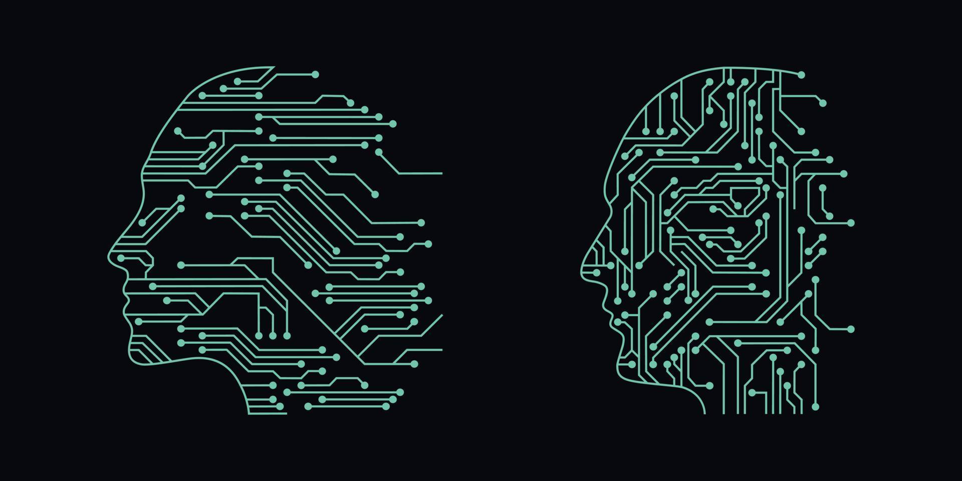 huvud i stil av tryckt krets styrelse översikt illustration. trogen artificiell intelligens design tema. modern teknologi nätverkande för design element vektor