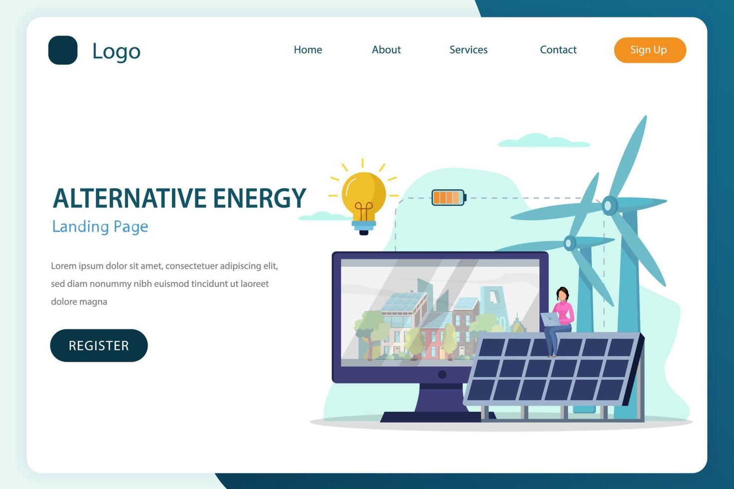 flache vektorvorlage für alternative energie-landingpage-website vektor