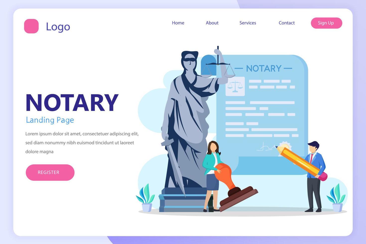 notarius publicus tjänster och Rättslig bistånd begrepp. landning sida hemsida platt vektor mall