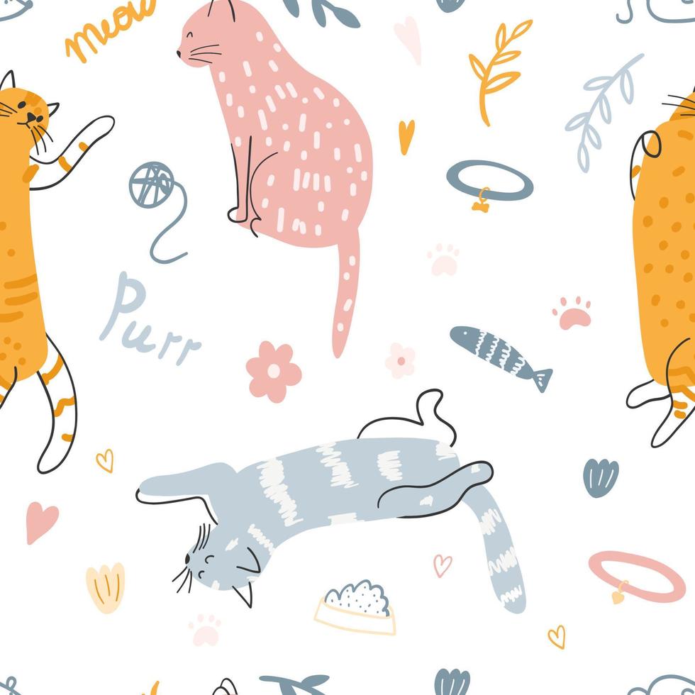 sömlös mönster med söt färgrik katter. hand dragen vektor illustration av kattungar för omslag papper, tyg skriva ut, barn textil, omslag, kort design