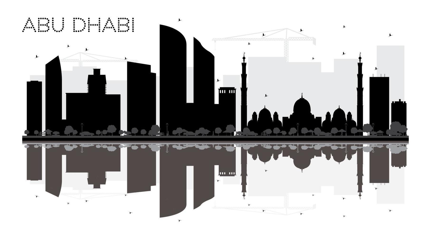 abu dhabi stad horisont svart och vit silhuett med reflexion. vektor
