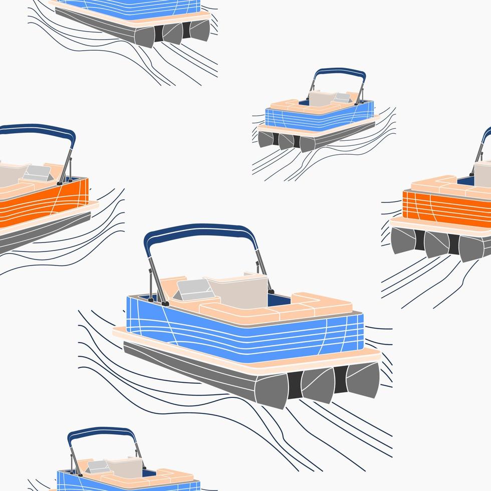 redigerbar tömma trekvart semi topp sned främre se amerikan ponton båt på vågig sjö vektor illustration sömlös mönster för skapande bakgrund av transport eller rekreation relaterad design