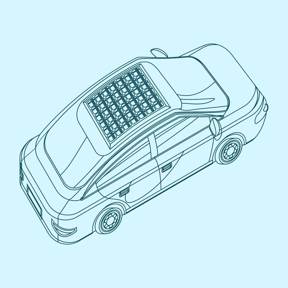 redigerbar översikt stil vektor illustration av trekvart topp sned sida tillbaka se elektrisk bil med sol- panel för trogen miljövänlig fordon och grön liv eller förnybar energi kampanj