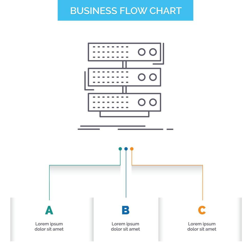 Server. Lagerung. Gestell. Datenbank. Design von Datengeschäftsflussdiagrammen mit 3 Schritten. Liniensymbol für Präsentation Hintergrundvorlage Platz für Text vektor