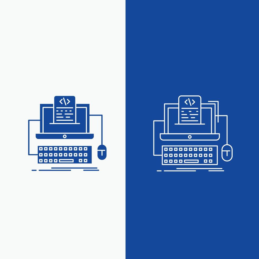 koda. kodning. dator. monoblock. skärm linje och glyf webb knapp i blå Färg vertikal baner för ui och ux. hemsida eller mobil Ansökan vektor