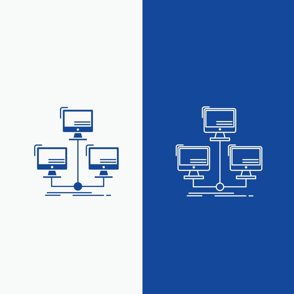 Datenbank. verteilt. Verbindung. Netzwerk. Computerzeile und Glyph-Web-Schaltfläche in blauer Farbe vertikales Banner für ui und ux. Website oder mobile Anwendung vektor