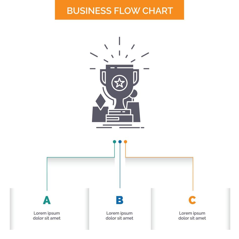 Leistung. vergeben. Tasse. Preis. Trophäen-Business-Flow-Chart-Design mit 3 Schritten. Glyphensymbol für Präsentationshintergrundvorlage Platz für Text. vektor