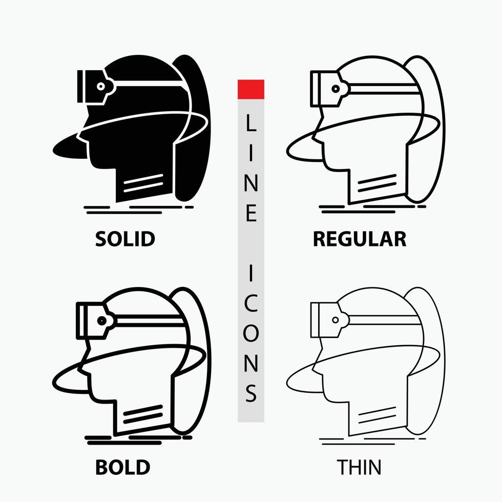 Mensch. Mann. Wirklichkeit. Benutzer. virtuell. vr-Symbol in dünn. regulär. fette Linie und Glyphenstil. Vektor-Illustration vektor