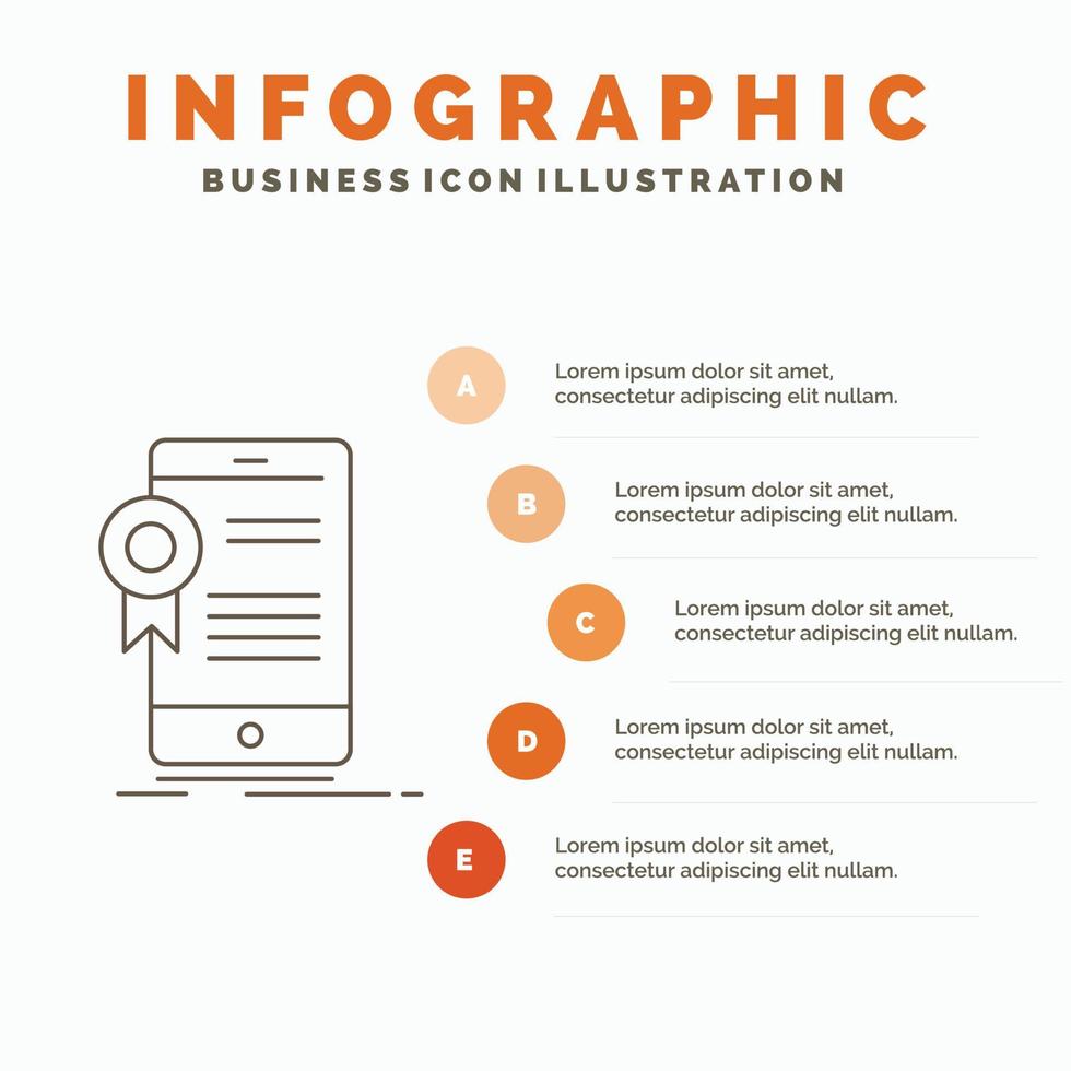 certifikat. certifiering. app. Ansökan. godkännande infographics mall för hemsida och presentation. linje grå ikon med orange infographic stil vektor illustration