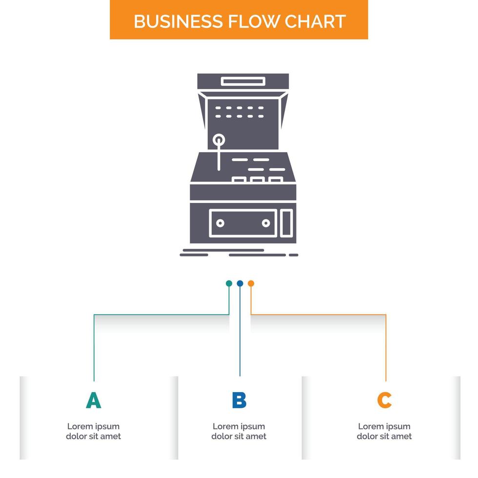 Arkade. Konsole. Spiel. Maschine. Spielen Sie Business-Flow-Chart-Design mit 3 Schritten. Glyphensymbol für Präsentationshintergrundvorlage Platz für Text. vektor