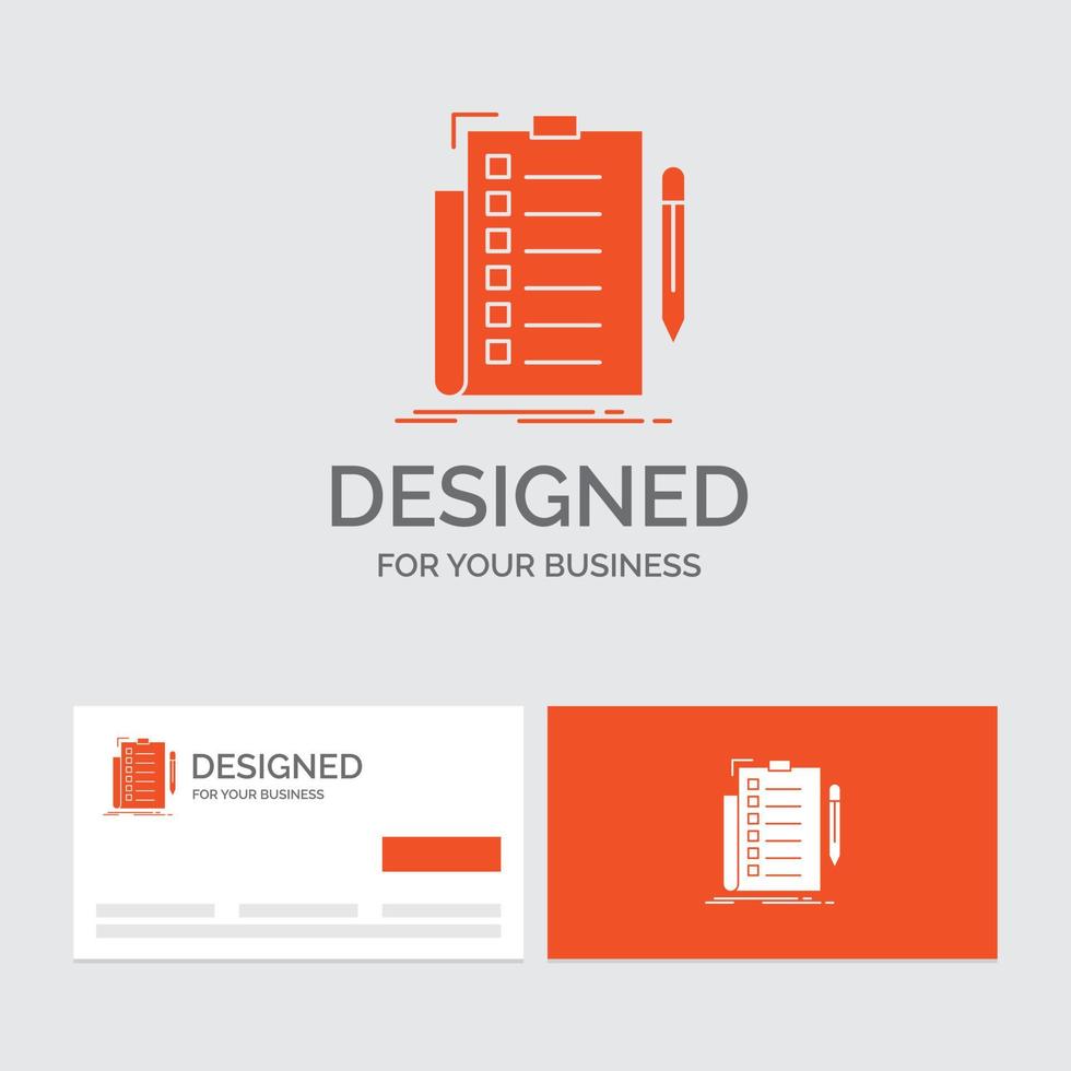 företag logotyp mall för expertis. checklista. kolla upp. lista. dokumentera. orange besöker kort med varumärke logotyp mall. vektor