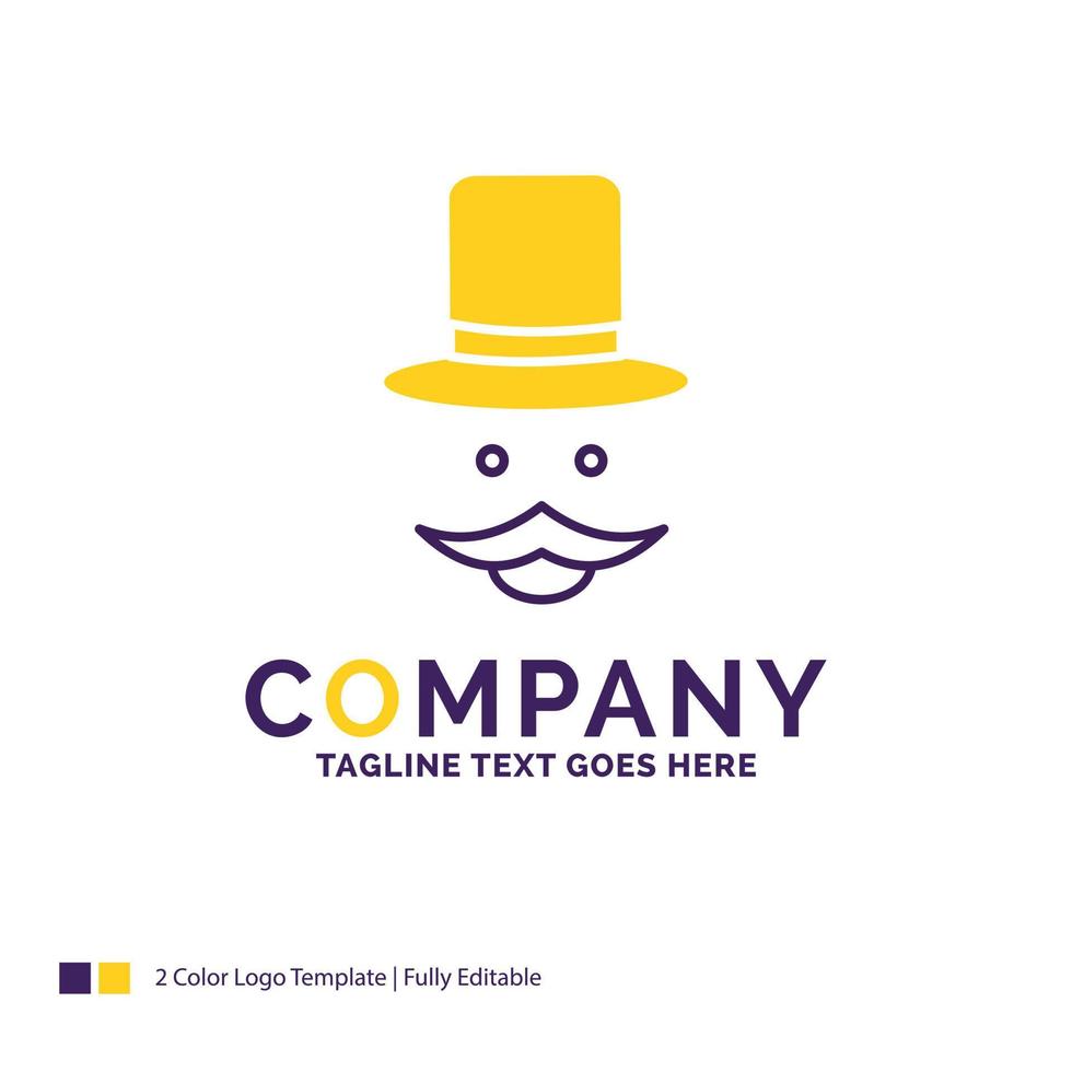 företag namn logotyp design för mustasch. hipster. flyttar. hatt. män. lila och gul varumärke namn design med plats för Tagline. kreativ logotyp mall för små och stor företag. vektor