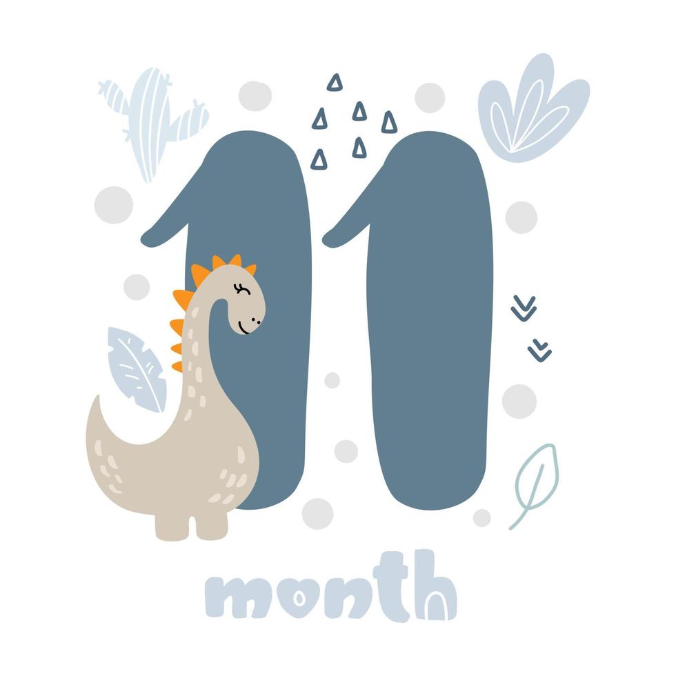 11 elf Monate Geburtstagskarte für Jungen. Babypartydruck mit niedlichem Dino-Tier, Blumen und Palmen, die alle besonderen Momente festhalten. Baby-Meilensteinkarte für Neugeborene vektor