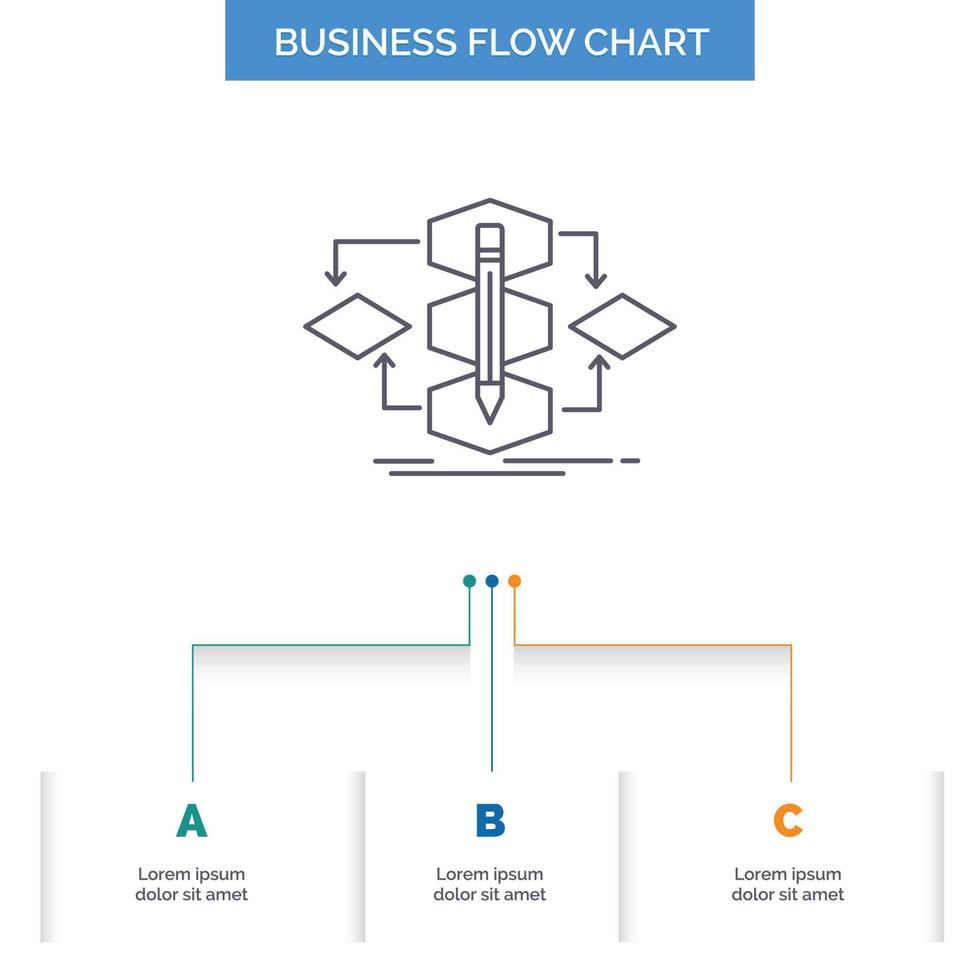 Algorithmus, Design, Methode, Modell, Prozess-Business-Flow-Chart-Design mit 3 Schritten. Liniensymbol für Präsentation Hintergrundvorlage Platz für Text vektor