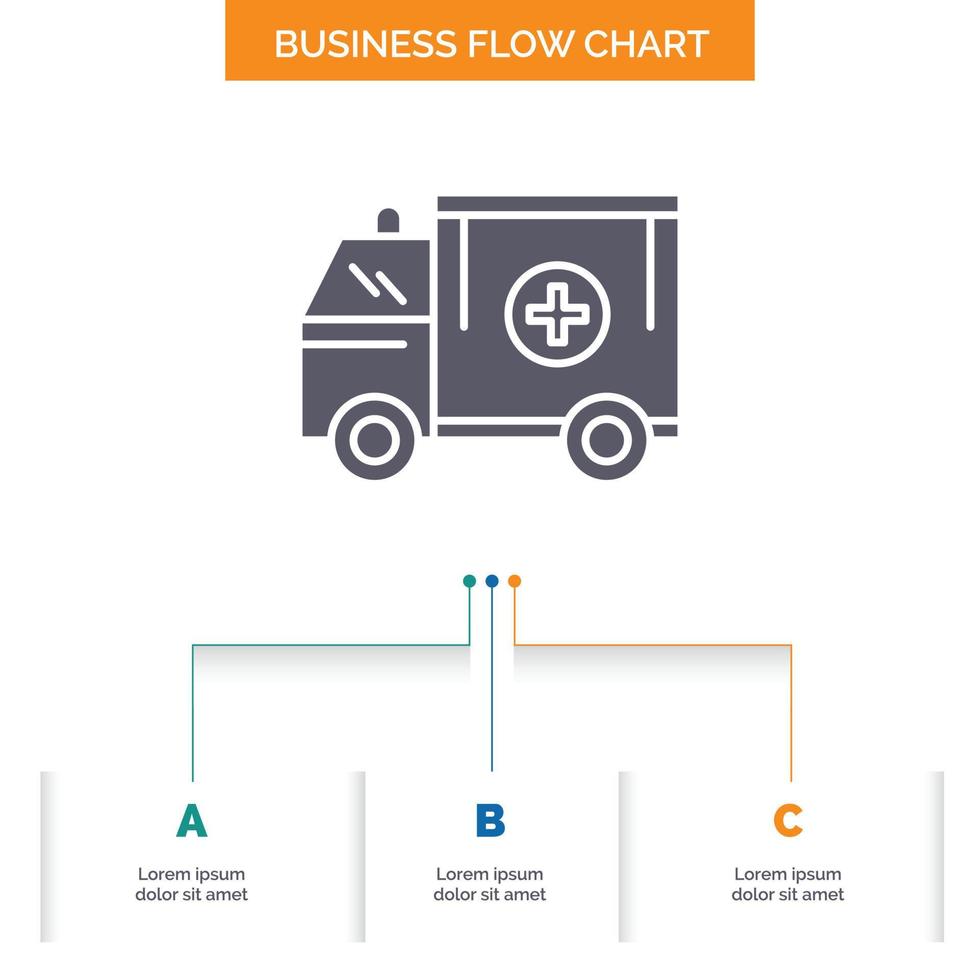 krankenwagen, lkw, medizin, hilfe, van business flow chart design mit 3 schritten. Glyphensymbol für Präsentationshintergrundvorlage Platz für Text. vektor